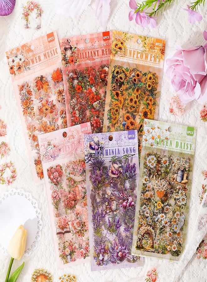 SAMVARDHAN 36 Sheet Vintage Flower Stickers Botanical Floral PET Transparent Waterproof Stickers Set with Sunflowers, Lavender, Daisies Design Sheets for Journaling, Scrapbooking & Crafts, Pack of 6 - Image 1